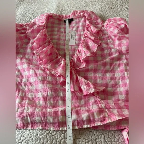 NWT J.Crew Pink Gingham Ruffle Wrap Short Sleeve Top Blouse Size L - Picture 8 of 11